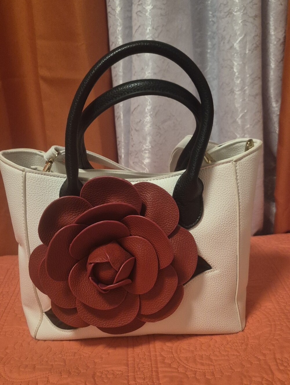 Elegant White and Red Floral Handbag